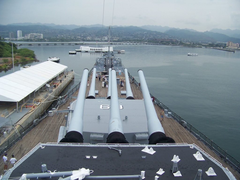 The USS Missouri was the scene of the official Japanese surrender ceremony in Tokyo Bay on September 2, 1945. Now it rests facing the wreckage of the USS Arizona and the memorial to those me who died aboard that ship on December 7, 1941.